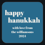 Happy Hanukkah Modern Teal Blue Personalized Square Sticker<br><div class="desc">Elevate your Hanukkah celebrations with this Happy Hanukkah Modern Teal Blue Personalized Square Sticker. Featuring a chic teal blue background with contemporary design elements, this sticker is perfect for adding a personal touch to your holiday gifts, cards, or party favors. The modern typography and clean lines create a stylish and...</div>