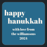Happy Hanukkah Modern Teal Blue Personalized Square Sticker<br><div class="desc">Elevate your Hanukkah celebrations with this Happy Hanukkah Modern Teal Blue Personalized Square Sticker. Featuring a chic teal blue background with contemporary design elements, this sticker is perfect for adding a personal touch to your holiday gifts, cards, or party favors. The modern typography and clean lines create a stylish and...</div>
