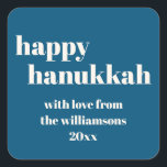 Happy Hanukkah Modern Teal Blue Personalized Square Sticker<br><div class="desc">Elevate your Hanukkah celebrations with this Happy Hanukkah Modern Teal Blue Personalized Square Sticker. Featuring a chic teal blue background with contemporary design elements, this sticker is perfect for adding a personal touch to your holiday gifts, cards, or party favors. The modern typography and clean lines create a stylish and...</div>