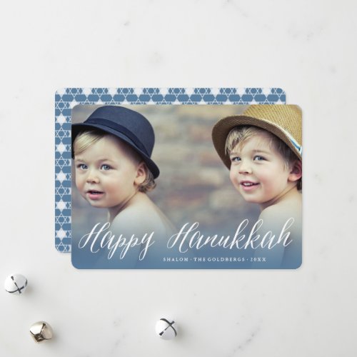 Happy Hanukkah Modern Trendy White Script Photo  Holiday Card