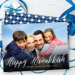 Happy Hanukkah Modern Trendy White Script Photo  Holiday Card<br><div class="desc">A simple and modern holiday card featuring a full bleed photo and 'Happy Hanukkah' greeting in a trendy white cursive calligraphy script at the bottom on a black gradient photo overlay. A geometric star of david white pattern on a dark blue background fills the back of the card. Designed /...</div>