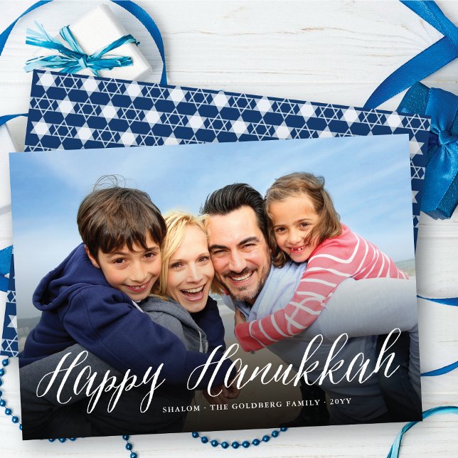 Happy Hanukkah Modern Trendy White Script Photo  Holiday Card (Creator Uploaded)