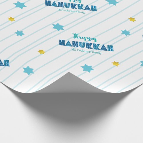 Happy Hanukkah Modern Typography Gold Stars Name Wrapping Paper