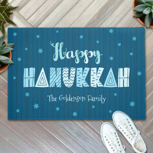 Happy Hanukkah Modern Whimsical Typography Teal Doormat