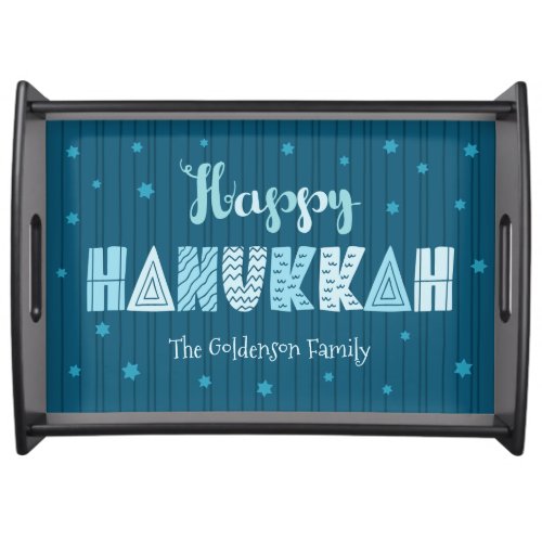 Happy Hanukkah Modern Whimsical Typography Teal Serving Tray