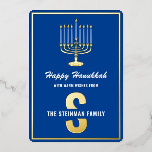 Happy Hanukkah Monogram Family Name Menorah Candle Foil Holiday Card