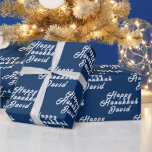Happy Hanukkah Name Blue White Simple Menorah Wrapping Paper<br><div class="desc">Personalized,  happy Hanukkah,  menorah,  name,  modern,  elegant,  blue and white,  wrapping paper. Perfect for her,  him.</div>