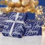 Happy Hanukkah navy blue and white elegant script Wrapping Paper<br><div class="desc">Happy Hanukkah navy blue and white elegant script pattern gift Wrapping Paper.
White script typography pattern on navy blue background color.</div>