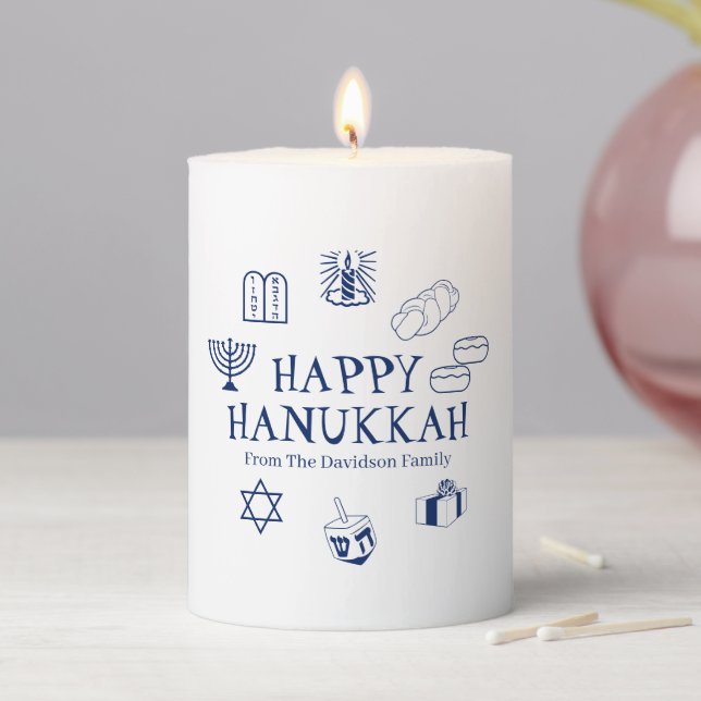 Happy Hanukkah navy blue white custom text cute Pillar Candle (In Situ)