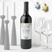 Happy Hanukkah | Navy &amp; Gold Flowers Menorah Blue Wine Label