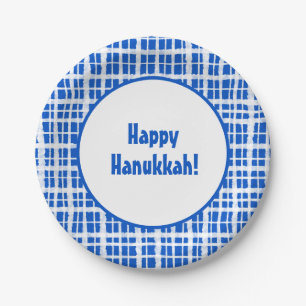Happy Hanukkah! Painted Plaid Blue and White Paper Plates
