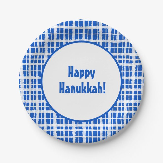 Happy Hanukkah! Painted Plaid Blue and White Paper Plates (Front)