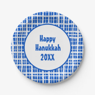 Happy Hanukkah Painted Plaid Blue and White Paper Plates
