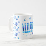 Happy Hanukkah Party Beautiful Blue Decoration Coffee Mug<br><div class="desc">Happy Hanukkah Party Beautiful Blue Decoration, Jewish Holiday, Coffee Mug and Cup. Jewish Holiday Hanukkah background with traditional Chanukah symbols - wooden dreidels (spinning top), donuts, gold menorah, candles, star of David and glowing lights wallpaper pattern. Hanukkah Festival Event Decoration. Jerusalem, Israel. Home > Kitchen & Dining > Drinkware >...</div>
