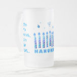 Happy Hanukkah Party Beautiful Blue Decoration Frosted Glass Beer Mug<br><div class="desc">Happy Hanukkah Party Beautiful Blue Decoration, Jewish Holiday, Coffee Mug and Cup. Jewish Holiday Hanukkah background with Hebrew Lettering and traditional Chanukah symbols - wooden dreidels (spinning top), donuts, gold menorah, candles, star of David and glowing lights wallpaper pattern. Hanukkah Festival Event Decoration. Jerusalem, Israel. Personalize them by adding name...</div>