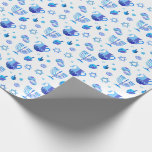Happy Hanukkah Party Beautiful Blue Decoration Wrapping Paper<br><div class="desc">Happy Hanukkah Party Beautiful Blue Decoration, Jewish Holiday, Wrapping Paper. Jewish Holiday Hanukkah background with traditional Chanukah symbols - wooden dreidels (spinning top), donuts, gold menorah, candles, star of David and glowing blue lights wallpaper pattern. Hanukkah Festival Event Decoration. Jerusalem, Israel. Crafts & Party Supplies > Gift Wrapping Supplies >...</div>