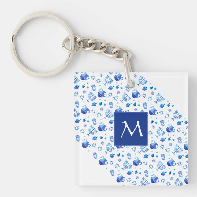 Happy Hanukkah Party Beautiful Blue Monogram Keychain (Front)
