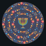 Happy Hanukkah Party Beautiful Decoration Classic Round Sticker<br><div class="desc">Happy Hanukkah Party Beautiful Decoration, Jewish Holiday, Classic Round Sticker. Jewish Holiday Hanukkah background with traditional Chanukah symbols - wooden dreidels (spinning top), donuts, gold menorah, candles, star of David and glowing lights wallpaper pattern. Hanukkah Festival Event Decoration. Jerusalem, Israel. Crafts & Party Supplies > Gift Wrapping Supplies > Stickers...</div>