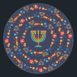 Happy Hanukkah Party Beautiful Decoration Classic Round Sticker<br><div class="desc">Happy Hanukkah Party Beautiful Decoration, Jewish Holiday, Classic Round Sticker. Jewish Holiday Hanukkah background with traditional Chanukah symbols - wooden dreidels (spinning top), donuts, gold menorah, candles, star of David and glowing lights wallpaper pattern. Hanukkah Festival Event Decoration. Jerusalem, Israel. Crafts & Party Supplies > Gift Wrapping Supplies > Stickers...</div>