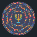 Happy Hanukkah Party Beautiful Decoration Classic Round Sticker<br><div class="desc">Happy Hanukkah Party Beautiful Decoration, Jewish Holiday, Classic Round Sticker. Jewish Holiday Hanukkah background with traditional Chanukah symbols - wooden dreidels (spinning top), donuts, gold menorah, candles, star of David and glowing lights wallpaper pattern. Hanukkah Festival Event Decoration. Jerusalem, Israel. Crafts & Party Supplies > Gift Wrapping Supplies > Stickers...</div>