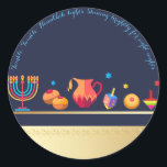 Happy Hanukkah Party Beautiful Decoration Classic Round Sticker<br><div class="desc">Happy Hanukkah Party Beautiful Decoration, Jewish Holiday, Classic Round Sticker. Jewish Holiday Hanukkah background with traditional Chanukah symbols - wooden dreidels (spinning top), donuts, gold menorah, candles, star of David and glowing lights wallpaper pattern. Hanukkah Festival Event Decoration. Jerusalem, Israel. Crafts & Party Supplies > Gift Wrapping Supplies > Stickers...</div>