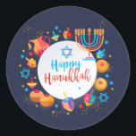 Happy Hanukkah Party Beautiful Decoration Classic Round Sticker<br><div class="desc">Happy Hanukkah Party Festival of lights Beautiful Decoration, Jewish Holiday, Classic Round Sticker. Hanukkah blue lights background with traditional Chanukah symbols - wooden dreidels (spinning top), donuts, menorah, candles, star of David and glowing lights wallpaper pattern. Hanukkah Festival Event Kids party Holiday Birthday Decoration. Jerusalem, Israel. Crafts & Party Supplies...</div>