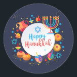 Happy Hanukkah Party Beautiful Decoration Classic Round Sticker<br><div class="desc">Happy Hanukkah Party Festival of lights Beautiful Decoration, Jewish Holiday, Classic Round Sticker. Hanukkah blue lights background with traditional Chanukah symbols - wooden dreidels (spinning top), donuts, menorah, candles, star of David and glowing lights wallpaper pattern. Hanukkah Festival Event Kids party Holiday Birthday Decoration. Jerusalem, Israel. Crafts & Party Supplies...</div>