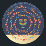 Happy Hanukkah Party Beautiful Decoration Classic Round Sticker<br><div class="desc">Happy Hanukkah Party Beautiful Decoration, Jewish Holiday, Classic Round Sticker. Jewish Holiday Hanukkah background with traditional Chanukah symbols - wooden dreidels (spinning top), donuts, gold menorah, candles, star of David and glowing lights wallpaper pattern. Hanukkah Festival Event Decoration. Jerusalem, Israel. Crafts & Party Supplies > Gift Wrapping Supplies > Stickers...</div>