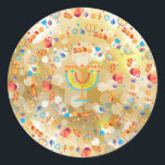 Happy Hanukkah Party Beautiful Decoration Classic Round Sticker<br><div class="desc">Happy Hanukkah Party Beautiful Decoration, Jewish Holiday, Classic Round Sticker. Jewish Holiday Hanukkah background with traditional Chanukah symbols - wooden dreidels (spinning top), donuts, gold menorah, candles, star of David and glowing lights wallpaper pattern. Hanukkah Festival Event Decoration. Jerusalem, Israel. Crafts & Party Supplies > Gift Wrapping Supplies > Stickers...</div>