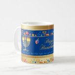 Happy Hanukkah Party Beautiful Decoration Coffee Mug<br><div class="desc">Happy Hanukkah Party Beautiful Decoration, Jewish Holiday, Coffee Mug. Jewish Holiday Hanukkah background with traditional Chanukah symbols - wooden dreidels (spinning top), donuts, gold menorah, candles, star of David and glowing lights wallpaper pattern. Hanukkah Festival Event Decoration. Jerusalem, Israel. Home > Kitchen & Dining > Drinkware > Mugs & Cups....</div>