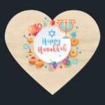 Happy Hanukkah Party Beautiful Decoration Heart Sticker<br><div class="desc">Happy Hanukkah Party Beautiful Decoration, Jewish Holiday, Classic Round Sticker. JJewish Holiday Hanukkah background with traditional Chanukah symbols - wooden dreidels (spinning top), donuts, menorah, candles, star of David and glowing lights Old paper texture wallpaper vintage pattern. Hanukkah Festival Event Decoration. Jerusalem, Israel. Crafts & Party Supplies > Gift Wrapping...</div>