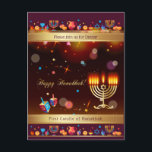 Happy Hanukkah Party Gold Hanukkiah Invitation Postcard<br><div class="desc">Happy Hanukkah Party Invitation Beautiful Jewish Holiday Card. Jewish Holiday Chanukkah background with traditional Chanuka decorative symbols - wooden dreidels (spinning top), donuts, hanukkiah menorah, candles, star of David and glowing lights wallpaper gold pattern. Hanukkah Festival of lights Event Decoration. Jerusalem, Israel. Invitations & Stationery > Invitations & Announcements Design...</div>