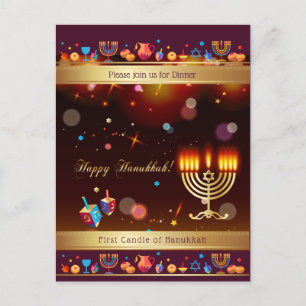 Happy Hanukkah Party Gold Hanukkiah Invitation Postcard
