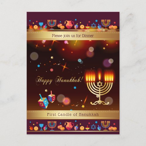 Happy Hanukkah Party Gold Hanukkiah Invitation Postcard