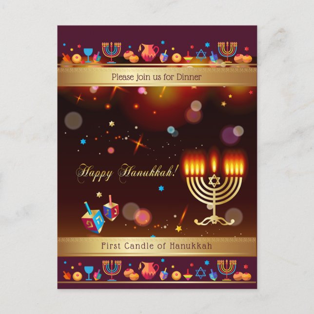 Happy Hanukkah Party Gold Hanukkiah Invitation Postcard (Front)