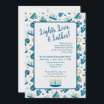 Happy Hanukkah Party Invitation<br><div class="desc">Your Happy Hanukkah Celebration will get off to a bright start with this whimsical Chanukah party invitation. Filled with happy little menorahs, dreidels, gifts and more, everyone on your guest list will know that your Hanukkah party will be as fun and sparkly as the Festival of Lights itself! Fully customizable,...</div>