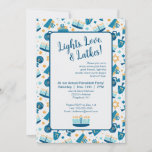 Happy Hanukkah Party Invitation<br><div class="desc">Your Happy Hanukkah Celebration will get off to a bright start with this whimsical Chanukah party invitation. Filled with happy little menorahs, dreidels, gifts and more, everyone on your guest list will know that your Hanukkah party will be as fun and sparkly as the Festival of Lights itself! Fully customizable,...</div>