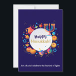 Happy Hanukkah Party Jewish Holiday Gold Menorah Invitation<br><div class="desc">Happy Hanukkah Party Jewish Holiday Gold Menorah design. Invitation card with text "Join Us and celebrate the festival of lights". Jewish Holiday Chanukkah Decoration with traditional Chanuka decorative symbols - Judaica. Navy Blue color Hanukkiah menorah, donuts, dreidel, candlestick with candles, star of David Hanukkah Festival ornaments and neon blue glowing...</div>