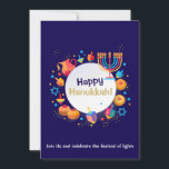 Happy Hanukkah Party Jewish Holiday Gold Menorah Invitation<br><div class="desc">Happy Hanukkah Party Jewish Holiday Gold Menorah design. Invitation card with text "Join Us and celebrate the festival of lights". Jewish Holiday Chanukkah Decoration with traditional Chanuka decorative symbols - Judaica. Navy Blue color Hanukkiah menorah, donuts, dreidel, candlestick with candles, star of David Hanukkah Festival ornaments and neon blue glowing...</div>