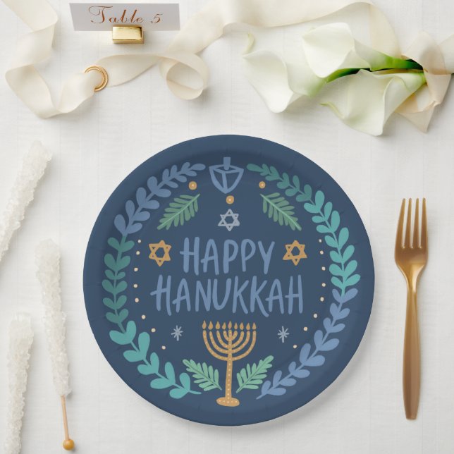 Happy Hanukkah Party Whimsical Cute Hand-Drawn  Paper Plates (Wedding)