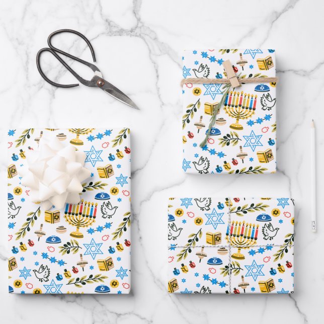Happy Hanukkah Pattern Wrapping Paper Sheets (Front)