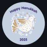 Happy Hanukkah Peace Dove 2025 Sticker<br><div class="desc">Happy Hanukkah Peace Dove 2025 Sticker Celebrate the Festival of Lights with this charming Happy Hanukkah 2025 sticker featuring a graceful peace dove surrounded by stars and leaves. Perfect for sealing envelopes, decorating Hanukkah gifts, kids party favors, or labeling homemade treats. Available in various shapes, two sizes, and your choice...</div>