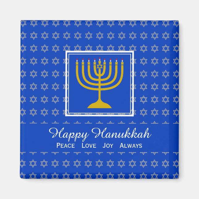 HAPPY HANUKKAH Peace Love Joy Custom Blue Fridge Magnet (Front)
