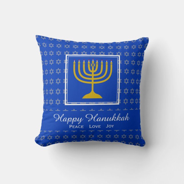 HAPPY HANUKKAH Peace Love Joy Customizable Blue Throw Pillow (Front)
