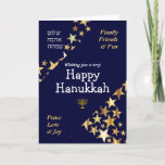 HAPPY HANUKKAH Peace Love Joy Stars HEBREW Holiday Card<br><div class="desc">Stylish blue and gold HANUKKAH GREETING CARD to wish your family and friends a Happy Hanukkah, which says WISHING YOU A VERY HAPPY HANUKKAH in white typography with FAMILY, FRIENDS & FUN and PEACE, LOVE & JOY in gold colored typography in the corners. PEACE, LOVE, JOY is also written in...</div>