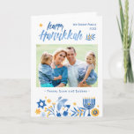 Happy Hanukkah Peace Love Latkes Festive Photo Holiday Card<br><div class="desc">Send your Wishes with this Photo Holiday Card that feature a Watercolor Happy Hanukkah Script and Menorah Candles to highlight your greeting message.</div>