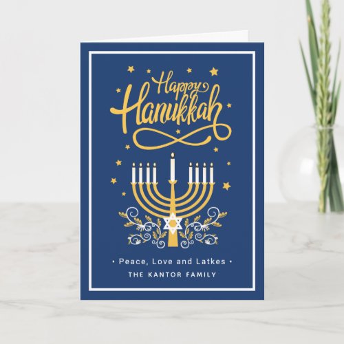 Happy Hanukkah Peace Love Latkes Modern Blue Holiday Card