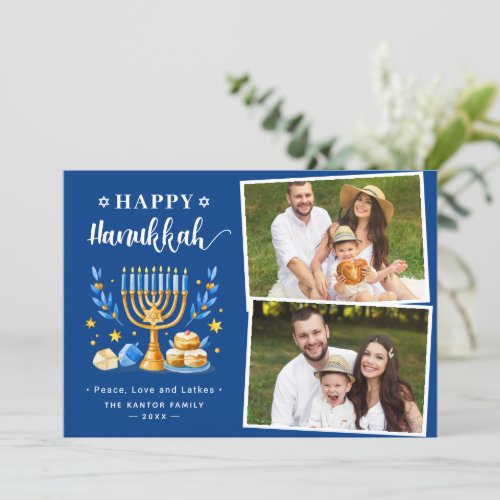Happy Hanukkah Peace Love Lights Stars 2 Photo Holiday Card