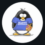 Happy Hanukkah Penguin Classic Round Sticker<br><div class="desc">A festively fun Hanukkah penguin just for the holiday season. Show off your holiday spirit with this cute Jewish penguin holding a dreidel and wearing a t-shirt that says Happy Hanukkah.</div>