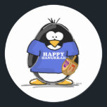 Happy Hanukkah Penguin Classic Round Sticker<br><div class="desc">A festively fun Hanukkah penguin just for the holiday season. Show off your holiday spirit with this cute Jewish penguin holding a dreidel and wearing a t-shirt that says Happy Hanukkah.</div>